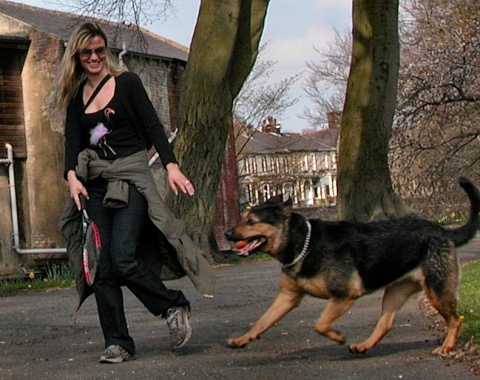 Picture of girl taking her dog for a walk and play in the park.